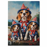 Beagle Dog Family Patriotic Portrait – Mom and 3 Puppies in Red, White & Blue Outfits with Flag and Hats on Ready to Hang 1.5" Thick Canvas Wrap, Floating Framed Canvas, Flat Rolled Canvas